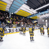 La bolgia giallonera di ieri sera al palaghiaccio di Aosta (foto Alessandro Umberto Galbiati)