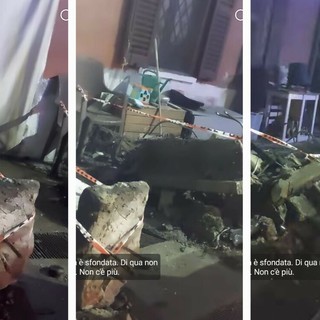 Le impressionanti immagini dei danni causati dall'auto che ha sfondato la recinzione e distrutto il cortile della casa affacciata su via XXV Aprile a Besozzo (foto tratta dal video dei proprietari pubblicato sulla pagina Facebook Sei di Besozzo se)