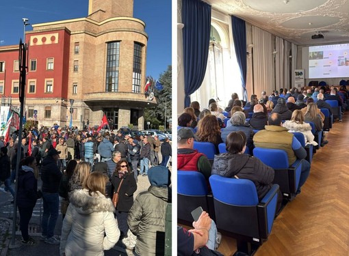 Il presidio dei lavoratori della Beko di Cassinetta a Villa Recalcati che poi hanno assistito alla riunione del Tavolo istituzionale in Provincia