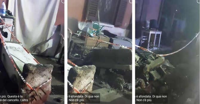 Le impressionanti immagini dei danni causati dall'auto che ha sfondato la recinzione e distrutto il cortile della casa affacciata su via XXV Aprile a Besozzo (foto tratta dal video dei proprietari pubblicato sulla pagina Facebook Sei di Besozzo se)