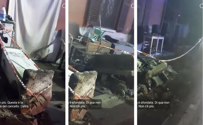 Le impressionanti immagini dei danni causati dall'auto che ha sfondato la recinzione e distrutto il cortile della casa affacciata su via XXV Aprile a Besozzo (foto tratta dal video dei proprietari pubblicato sulla pagina Facebook Sei di Besozzo se)