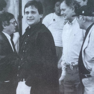 Claudio Milanese anima del Varese degli anni Novanta è fuori dal tunnel insieme al ds Capozucca: insieme portarono i biancorossi a un passo dalla B. Oggi il patron torna nel suo Franco Ossola al vertice della Solbiatese (foto tratta dal libro "100 volte Varese" di Vito Romaniello)
