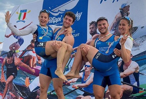 Le due coppie Federica Cesarini, Federico Ceccarino e Maria Elena Zerboni, Lucio Fugazzotto (foto Canottaggio.org/Gioele Palazzi)