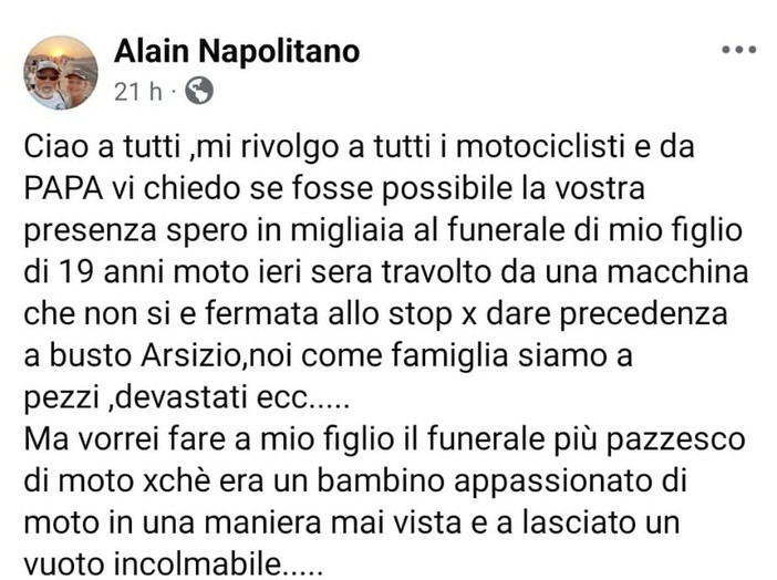 Il post di Alain Napolitano su Facebook