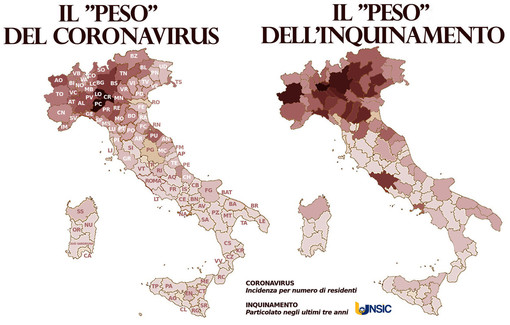 Covid-19 e inquinamento: la mappa mette a confronto diffusione del virus e aria inquinata