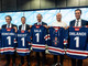 Il presidente di Regione Lombardia Attilio Fontana, il presidente di Fondazione Fiera Milano Giovanni Bozzetti, il sindaco di Milano Giuseppe Sala, il presidente della FISG Andrea Gios e il Sindaco di Rho Andrea Orlandi con una maglietta del Milano HC