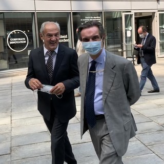 Renzo Oldani e Attilio Fontana stamattina alla presentazione del Grande Trittico Lombardo all'auditorium di Palazzo Lombardia