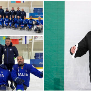 Massimo Da Rin da vent'anni nel cuore della nazionale di para ice hockey che parteciperà alle Paralimpiadi Milano Cortina: qui sopra il quintetto varesino-Polha Da Rin, Longhi, Radice, Stillitano e Andreoni ai Mondiali di Prima Divisione Gruppo B vinti ad Astana