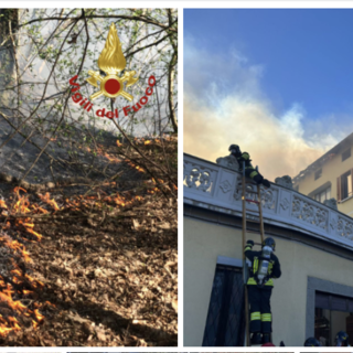 A sinistra: sottobosco in fiamme a Corgeno. A destra: vigili del fuoco al lavoro a Cuasso