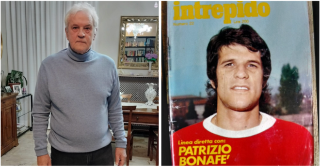 Patrizio Bonafè, 76 anni il 19 marzo, a destra in maglia biancorossa intervistato da Enzo Tortora sull'Intrepido