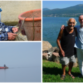 Il Negus, leggenda del lago di Varese, compie novant'anni: qui sopra a sinistra è in azione nel suo "regno" da vicino e da lontano. A destra è con il nostro Mario Chiodetti Il Negus, leggenda del lago di Varese, compie novant'anni: qui sopra a sinistra è in azione nel suo "regno" da vicino e da lontano. A destra è con il nostro Mario Chiodetti