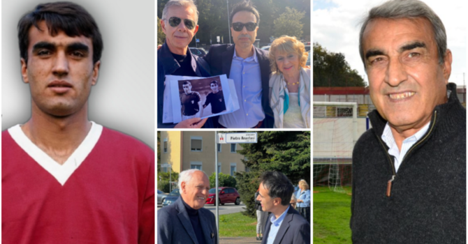 Pietro Anastasi con la V bianca in campo rosso nell'immagine sulla targa posta davanti allo stadio e, a destra, sul prato del suo Franco Ossola. In mezzo Enzo, nato a Scicli in Sicilia, ma pazzo per il Varese, che regala ad Anna Anastasi una fotografia di Pietro con Gigi Riva, e Roberto Bettega con Gianluca Anastasi nel piazzale intitolato a una leggenda del calcio Pietro Anastasi con la V bianca in campo rosso nell'immagine sulla targa posta davanti allo stadio e, a destra, sul prato del suo Franco Ossola. In mezzo Enzo, nato a Scicli in Sicilia, ma pazzo per il Varese, che regala ad Anna Anastasi una fotografia di Pietro con Gigi Riva, e Roberto Bettega con Gianluca Anastasi nel piazzale intitolato a una leggenda del calcio