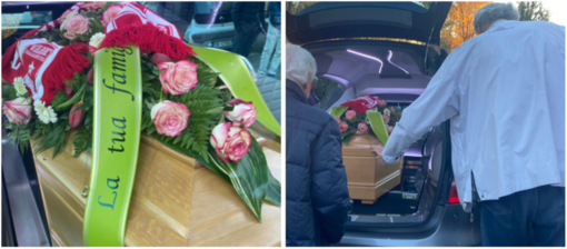 Una sciarpa della Pallacanestro Varese, rose bianche e rosse e il tocco, quasi un bacio d'addio, di Massimo Lucarelli come dei tantissimi presenti alla chiesa di Avigno per l'ultimo saluto a Giovanna Malnati, moglie di Ernestino Ramella e madre di Nicolò e Mattia