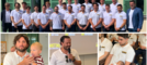 I Mastini sono davvero una famiglia che cresce: sopra la squadra alla Villa Napoleonica per la presentazione, sotto da sinistra Marcello Borghi e Alessio Piroso in versione papà con capitan Andrea Vanetti che lo sarà a breve