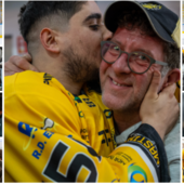 Saluto finale al palaghiaccio per i Mastini e per chi rappresenta l'amore più puro e incondizionato per i colori gialloneri (Foto Galbiati)