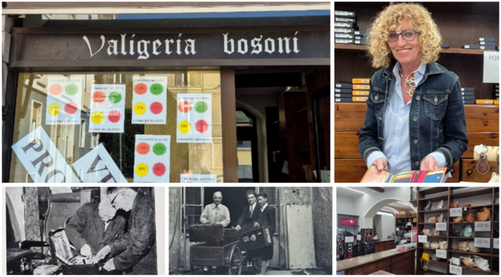 Valigeria Bosoni in via Rossini e, accanto, Valeria Bosoni. Sotto Luigi e Cesare Bosoni in quella che è una delle prime botteghe artigianali varesine. Più a destra l'interno del negozio odierno