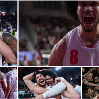 In senso orario: l'urlo di Nkamhoua, la curva che ingloba Assui, l'abbraccio tra lo stesso finlandese e Alviti, l'eroe Iroegbu che festeggia con Moore e tutti i compagni: immagini dell'amore che scatena la Pallacanestro Varese (Foto Fabio Averna)