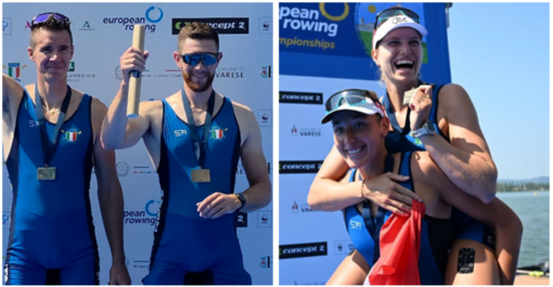 Qui sopra Matteo Lodo e Giovanni Codato, poi la sorella Alice Codato e Laura Meriano, coppie di bronzo nel due senza maschile e femminile agli Europei di Varese (foto tratte dalla pagina Facebook ufficiale della Federazione Italiana Canottaggio) Qui sopra Matteo Lodo e Giovanni Codato, poi la sorella Alice Codato e Laura Meriano, coppie di bronzo nel due senza maschile e femminile agli Europei di Varese (foto tratte dalla pagina Facebook ufficiale della Federazione Italiana Canottaggio)