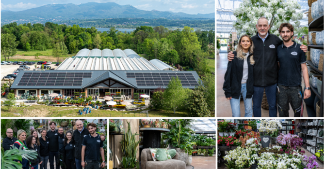 Casa Agricola, una meraviglia incastonata nel panorama a Bodio tra verde, lago, colline e il Campo dei Fiori. A destra Giacomo Brusa con i figli Gabriele, che gestirà il nuovo store, e Giulia. Sotto l'inaugurazione con il sindaco di Bodio, Eleonora Paolelli, e i dipendenti (Foto Galbiati)