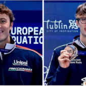 Nicolò Martinenghi, azzatese di 26 anni, e Francesco Lazzari, angerese, 21 anni il 15 dicembre sul podio degli Europei in vasca corta di Lublino in Polonia (Foto tratte da Federazione Italiana Nuoto -  Deepbluemedia)