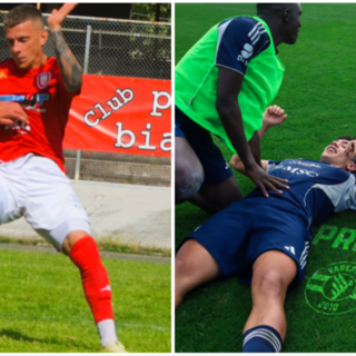 A sinistra Malinverno, varesino nel Varese (foto Ezio Macchi), e a destra Valisena e Baud Banaga della Varesina (foto Varesina Calcio)