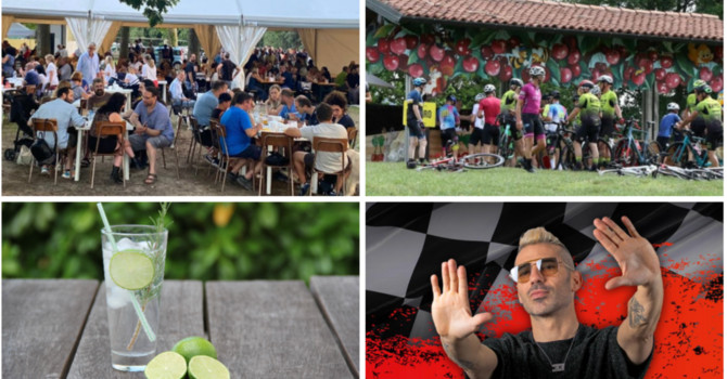 Dall'alto in senso orario la Sagra del Pesce a Calcinate, Festa delle Ciliegie ad Oltrona al Lago, Marco Melandri dj al Lido DaMa del Tennis Club Casciago e Creanza Market &amp; Gin Fest al Parco di Villa Mylius a Varese
