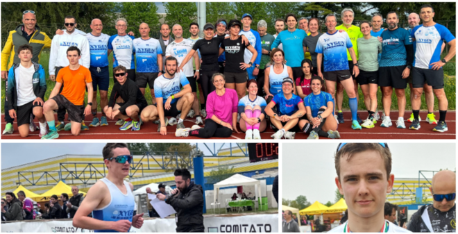 Sopra il gruppo di Oxygen Triathlon all'ultimo allenamento del martedì sera sulla pista di atletica di Gavirate e, nelle due foto sotto, il quindicenne Daniel O’Sullivan campione regionale di duathlon
