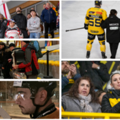 Qui sopra a sinistra i tifosi della Valpe in festa trascinati anche da un campanaccio gigante, il volto buio di Piroso infortunato e, tra il pubblico, anche Seba Allevato (Foto Alessandro Umberto Galbiati)