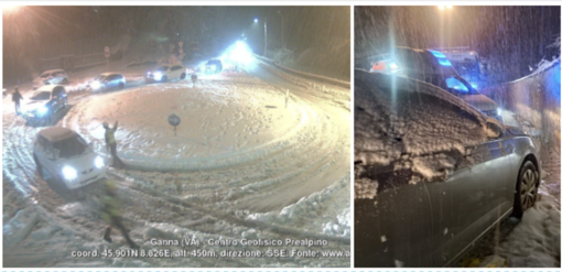Da sinistra: la situazione neve sulla statale in Valganna intorno all’1.30 di notte (Webcam Centro Geofisico Prealpino) e una delle auto coinvolte nell'incidente sempre sulla 233 Da sinistra: la situazione neve sulla statale in Valganna intorno all’1.30 di notte (Webcam Centro Geofisico Prealpino) e una delle auto coinvolte nell'incidente sempre sulla 233