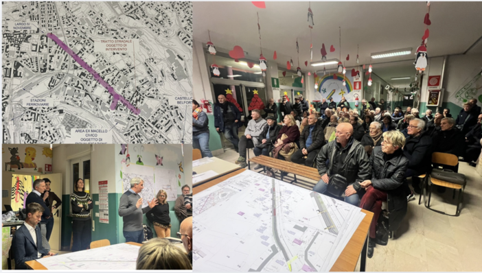 L'androne della Sacco pieno, i relatori del Comune e una delle tante mappe mostrate