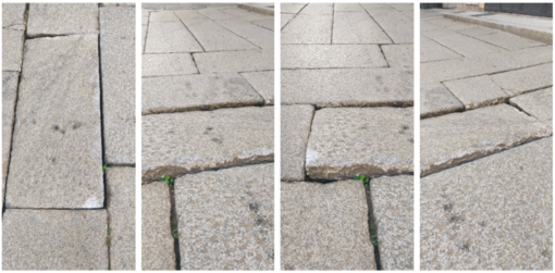 La zona di pavimentazione sconnessa in piazza San Vittore segnalata da una cittadina