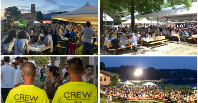 Dall'alto in senso orario la Festa di Sant'Eusebio a Casciago, la Festa di Ferragosto a Bizzozero, la Festa di Monate e l'area food della Schiranna in occasione degli Europei di canottaggio