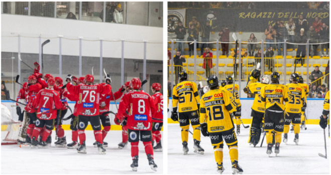 Il Pergine esulta meritatamente, i Mastini vanno sotto la curva che li applaude comunque insieme a tutto il pubblico (Foto Alessandro Umberto Galbiati)