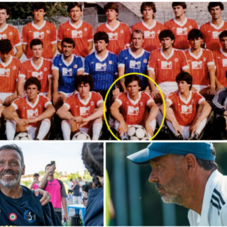 Roberto Gatti nel Varese 1983/84 in serie B (quarto accosciato da destra), con il patron della Solbiatese Claudio Milanese dopo la promozione in D e in panchina