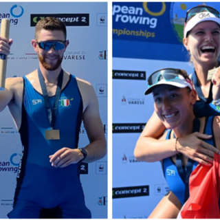 Qui sopra Matteo Lodo e Giovanni Codato, poi la sorella Alice Codato e Laura Meriano, coppie di bronzo nel due senza maschile e femminile agli Europei di Varese (foto tratte dalla pagina Facebook ufficiale della Federazione Italiana Canottaggio)