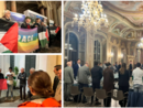 Bandiere palestinesi e della pace tra il pubblico stasera a Palazzo Estense (in alto) dove il consiglio comunale è iniziato con un minuto di silenzio per le vittime della democrazia (a destra). Fuori dall'aula la lettura dei nomi dei bambini uccisi nella Striscia di Gaza nella terza immagine