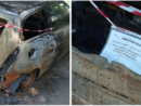Le foto inviate in redazione dal lettore con le auto incendiate e abbandonate da mesi e mesi in via Parini alle Bustecche con gli ultimi fogli apposti su un nastro adesivo