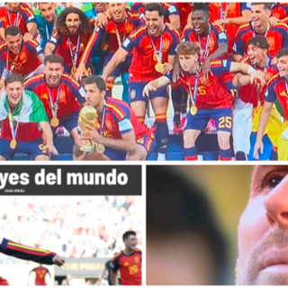 La Spagna con la coppa del mondo, le lacrime e l'addio di Messi e il titolo del quotidiano sportivo Marca La Spagna con la coppa del mondo, le lacrime e l'addio di Messi e il titolo del quotidiano sportivo Marca