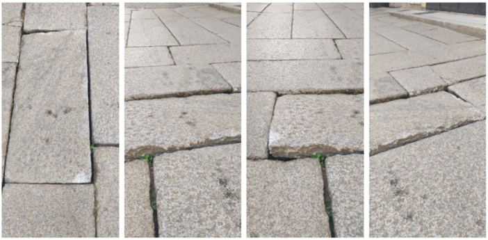 La zona di pavimentazione sconnessa in piazza San Vittore segnalata da una cittadina