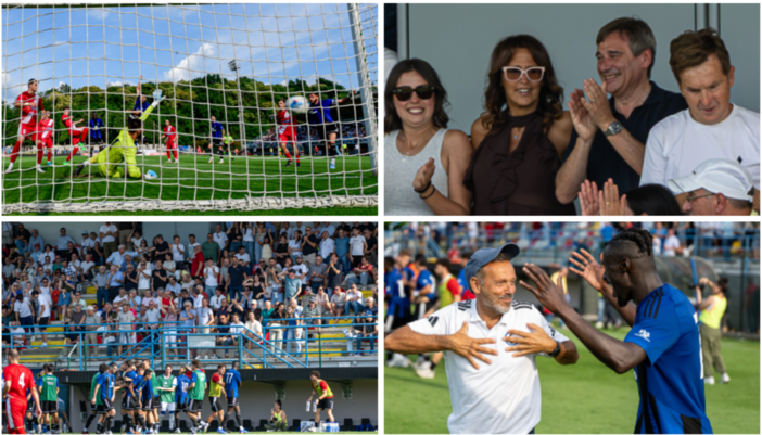 Il patron Claudio Milanese applaude in tribuna (in alto a destra) in un Chinetti impazzito di gioia con oltre mille spettatori. Qui sopra il balletto di mister Gatti con Monteiro Barbosa e, in cima a sinistra, il gol del 2-0 di pura rabbia, fame e potenza di Puka (foto Alessandro Umberto Galbiati) Il patron Claudio Milanese applaude in tribuna (in alto a destra) in un Chinetti impazzito di gioia con oltre mille spettatori. Qui sopra il balletto di mister Gatti con Monteiro Barbosa e, in cima a sinistra, il gol del 2-0 di pura rabbia, fame e potenza di Puka (foto Alessandro Umberto Galbiati)