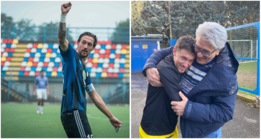 Denni Scapinello torna alla Solbiatese. A sinistra nella foto di Samuele Lucchi e a destra con Fabio Vanetti, papà del capitano dei Mastini dell'hockey e suo grande tifoso