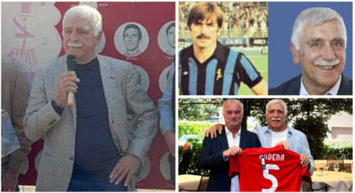 Lele Andena a sinistra con il microfono durante l'inaugurazione di Piazzale Anastasi giovedì scorso davanti al Franco Ossola, sopra a destra con la maglia dell'Atalanta e sotto omaggiato con la "5" da Massimo Foghinazzi al raduno delle vecchie glorie di fine settembre alla Schiranna
