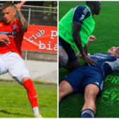 A sinistra Malinverno, varesino nel Varese (foto Ezio Macchi), e a destra Valisena e Baud Banaga della Varesina (foto Varesina Calcio)