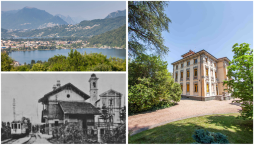 Villa Toletti, a destra, e la veduta sul Ceresio. Qui sopra l’antica stazione ferroviaria di proprietà del Comune di Cadegliano in una foto storiuca
