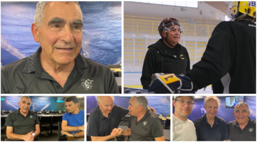 Jim Corsi, 72 anni, al palaghiaccio durante la nostra intervista e in pista sul ghiaccio dove portò i Mastini nella gloria mentre dà consigli ai portieri della Concordia University. Poi è insieme a Matteo Cesarini che ospita i canadesi all'Acinque Ice Arena, abbraccia il presidente dei tempi d'oro Roberto Blumer e in foto con il coach della Concordia Marc-André Élément Jim Corsi, 72 anni, al palaghiaccio durante la nostra intervista e in pista sul ghiaccio dove portò i Mastini nella gloria mentre dà consigli ai portieri della Concordia University. Poi è insieme a Matteo Cesarini che ospita i canadesi all'Acinque Ice Arena, abbraccia il presidente dei tempi d'oro Roberto Blumer e in foto con il coach della Concordia Marc-André Élément