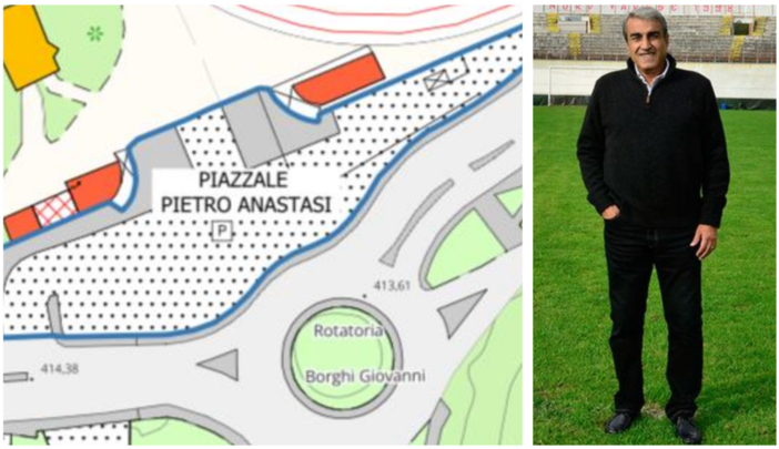 Il piazzale, o meglio la piazzetta, dedicata a Pietro Anastasi davanti all'ingresso del Franco Ossola, il luogo dove nacque la leggenda del campione scomparso a 71 anni nel gennaio 2020