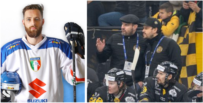 Larkin, a sinistra, e Raimondi a destra in panchina con capitan Vanetti. Sotto in gallery Thomas ed Edo nelle foto Bernasconi e Galbiati