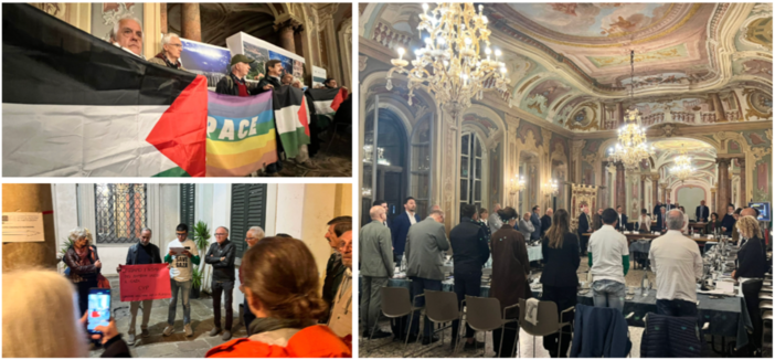 Bandiere palestinesi e della pace tra il pubblico stasera a Palazzo Estense (in alto) dove il consiglio comunale è iniziato con un minuto di silenzio per le vittime della democrazia (a destra). Fuori dall'aula la lettura dei nomi dei bambini uccisi nella Striscia di Gaza nella terza immagine