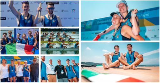 Purissime emozioni sul lago di Varese: tutti i medagliati targati provincia di Varese, dall'alto in senso orario Matteo Lodo e Giovanni Codato, Alice Codato e Laura Meriano pazze di gioia, Giovanni Borgonovo e Tito Christoforakis (con il remo) e dietro la bandiera Stanislau Litvinchuk con Chiara Reto della Canottieri Corgeno d'argento nel quattro con paralimpico