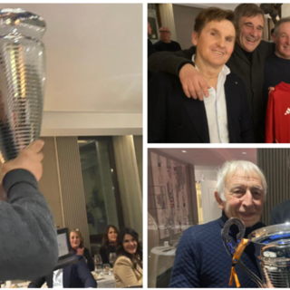Claudio Milanese con la Coppa e, a sinistra in alto, con Pivetta, Barban, Autovino e Filograna, quindi con Aldo Cunati